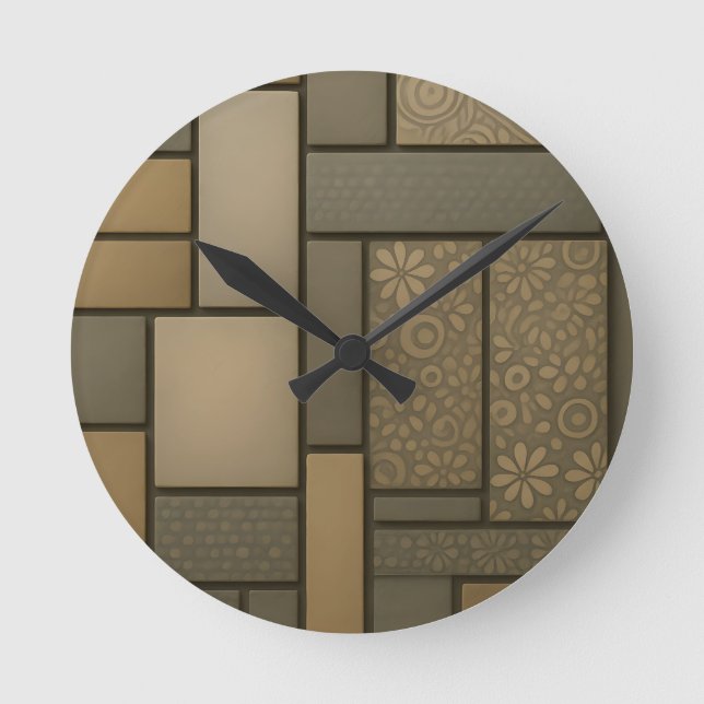 Beige Neutral Tile Mosaic Pattern Round Clock (Front)