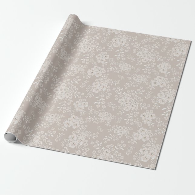 Beige Neutral Wildflower Pattern Wrapping Paper (Unrolled)