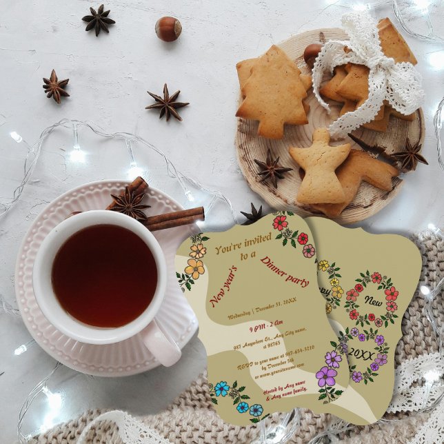 Beige New Year's dinner party with floral wreath Invitation (Creator Uploaded)