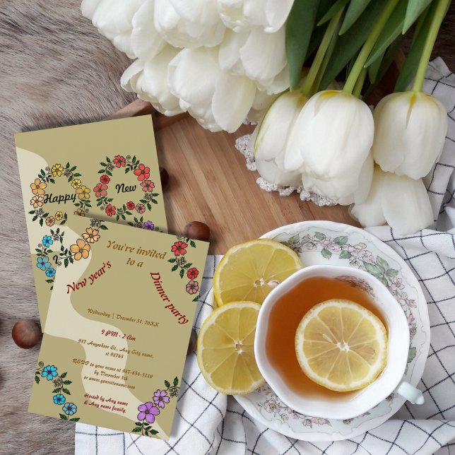 Beige New Year's dinner party with floral wreath Invitation (Creator Uploaded)