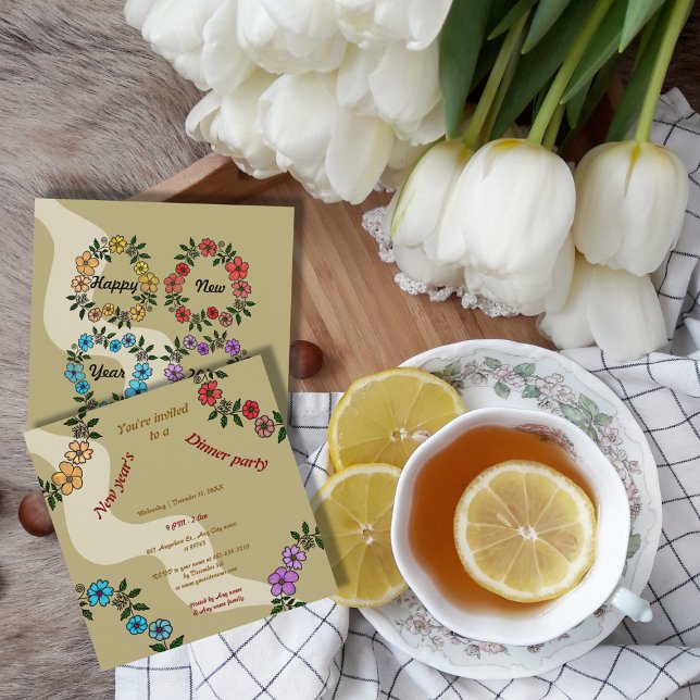 Beige New Year's dinner party with floral wreath Invitation (Creator Uploaded)