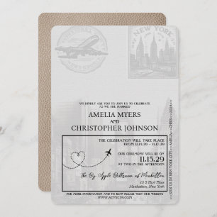Beige New York City Passport Wedding Invitation