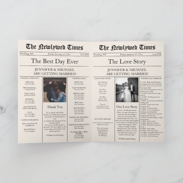 Beige Newspaper Wedding Timeline Program Story (Inside)