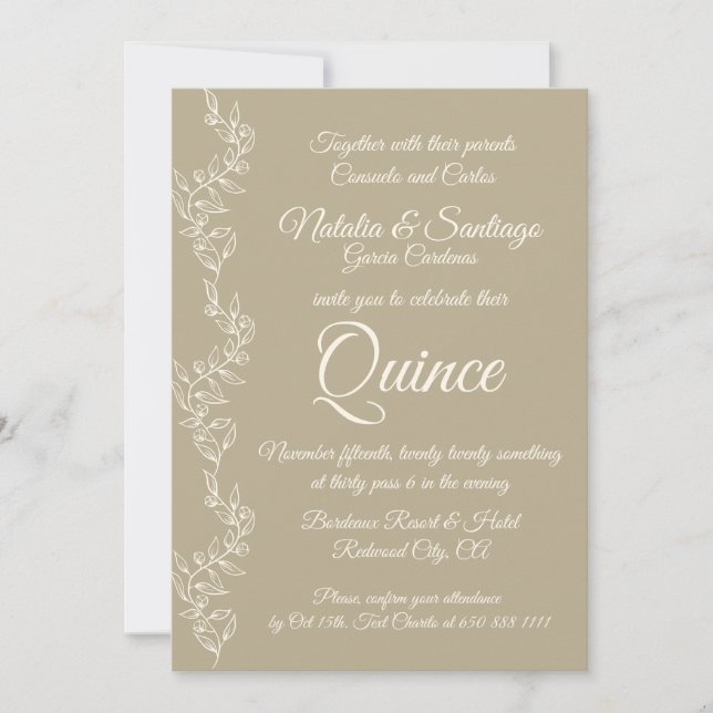 Beige Off-White Twin Boy Girl Fiesta de Quince Invitation (Front)