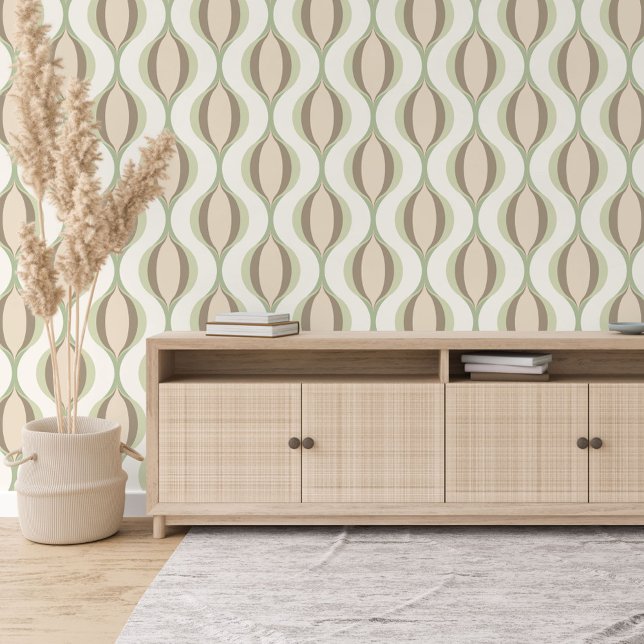 Beige Olive Sage Green Ivory Ogee Wave Pattern Wallpaper (Creator Uploaded)