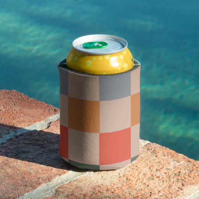 Beige Orange Blue Chequerboard Retro Modern Checks Can Cooler (In Situ Pool)