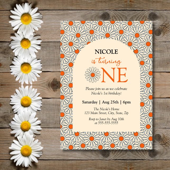 Beige Orange Daisies Floral Arch 1st Birthday Invitation (Creator Uploaded)