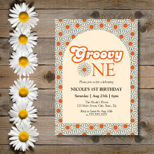 Beige Orange Daisy Groovy Arch 1st Birthday Invitation