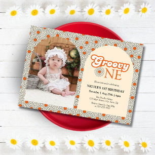 Beige Orange Daisy Groovy Photo 1st Birthday Invitation