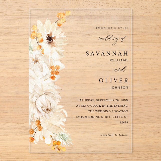 Beige & Orange Floral Wedding Acrylic Invitations (Front)