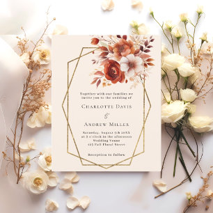 Beige orange florals geometric wedding invitation
