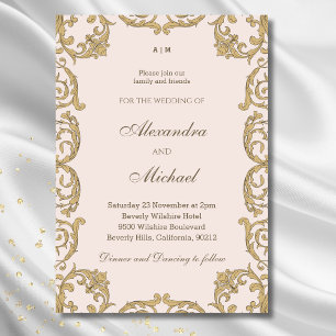 Beige Ornate Monogram Vintage Baroque Wedding  Invitation