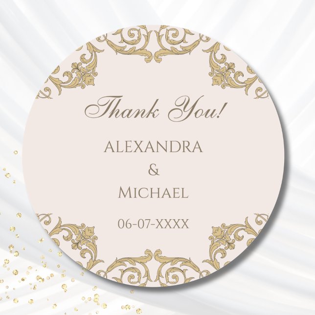 Beige Ornate Victorian Rococo Wedding Thank You Classic Round Sticker (Creator Uploaded)