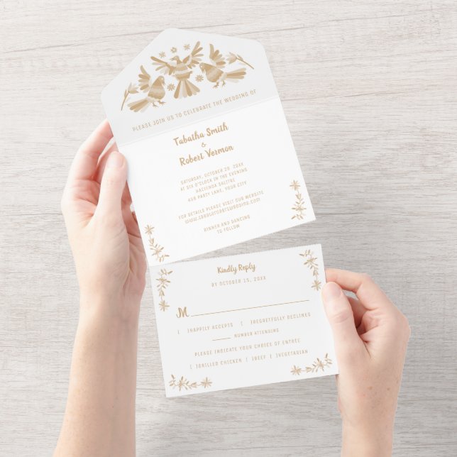 Beige Otomi Mexican All in One Wedding Invite (Tearaway)