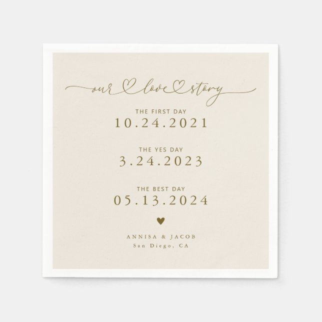 Beige Our Love Story Script Hearts Wedding Napkin (Front)