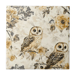 Beige Owl Cottagecore Floral Pattern Ceramic Tile
