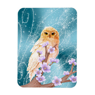 Beige Owl on Purple Floral Branch Magical Sparkle Magnet