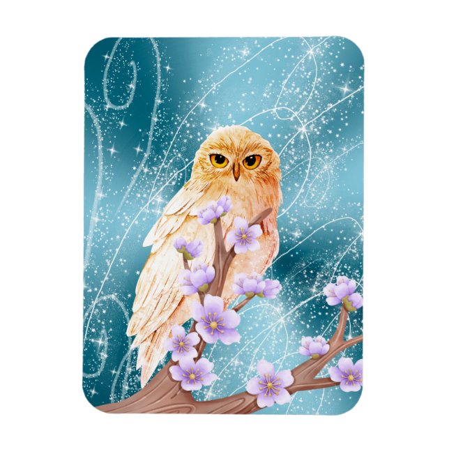 Beige Owl on Purple Floral Branch Magical Sparkle  Magnet (Vertical)