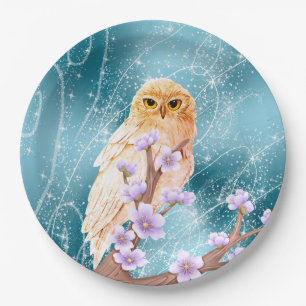 Beige Owl on Purple Floral Branch Magical Sparkle  Paper Plate