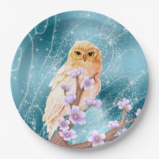 Beige Owl on Purple Floral Branch Magical Sparkle  Paper Plate (Front)