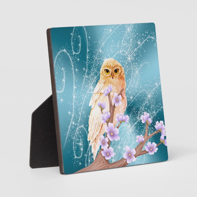 Beige Owl on Purple Floral Branch Magical Sparkle  Plaque (Front)