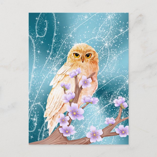 Beige Owl on Purple Floral Branch Magical Sparkle  Postcard (Front)