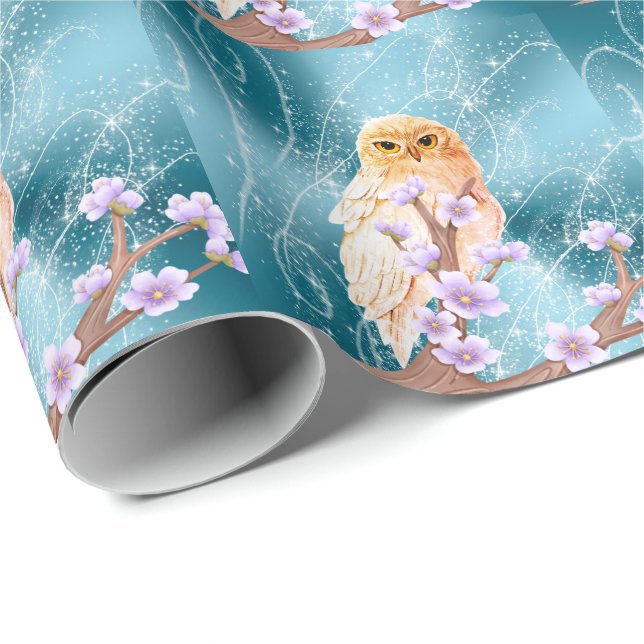 Beige Owl on Purple Floral Branch Magical Sparkle  Wrapping Paper (Roll Corner)