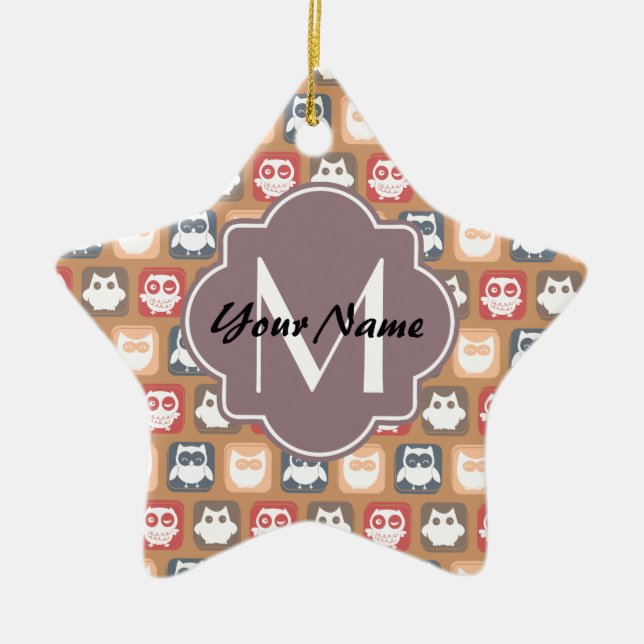 Beige Owls Personalised Monogram and Name Ceramic Ornament (Front)