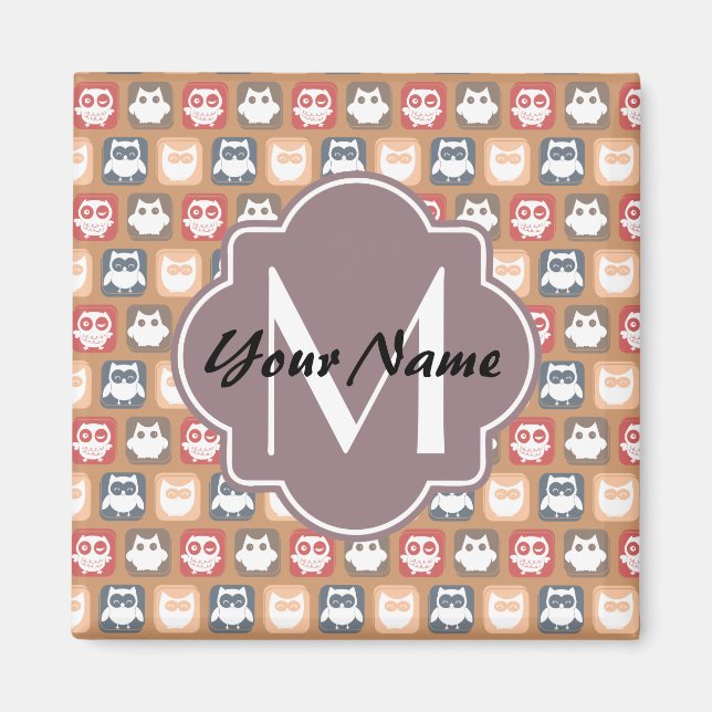Beige Owls Personalised Monogram and Name Magnet (Front)