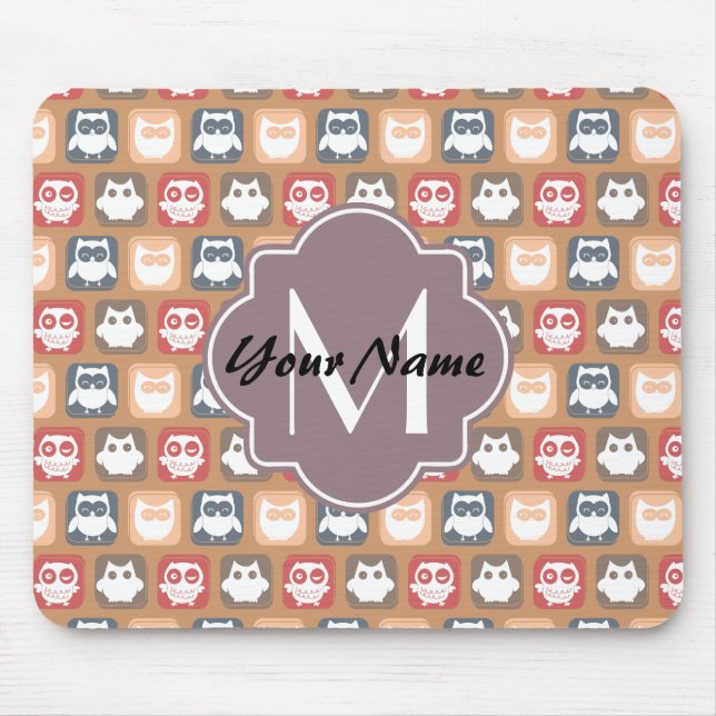 Beige Owls Personalised Monogram and Name Mouse Pad (Front)