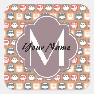 Beige Owls Personalised Monogram and Name Square Sticker