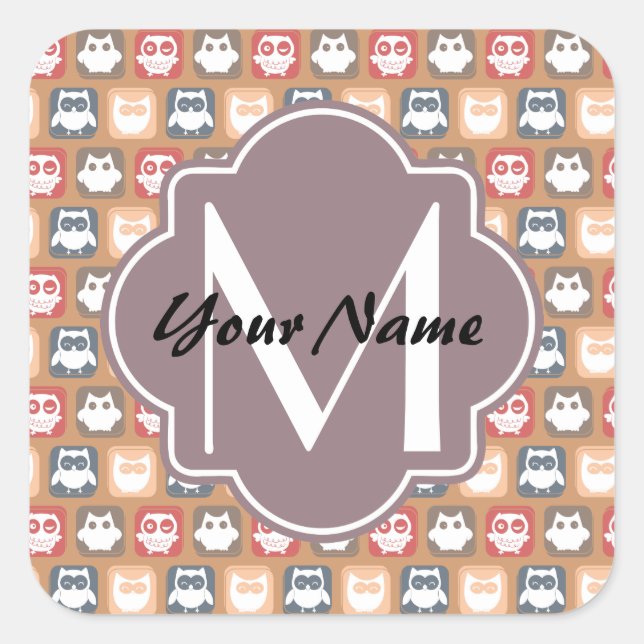 Beige Owls Personalised Monogram and Name Square Sticker (Front)