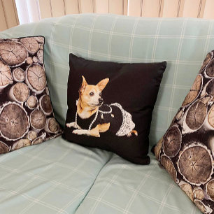 Beige painted glam chihuahua on black background cushion