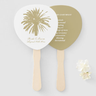 Beige palm tree beach wedding ceremony program hand fan