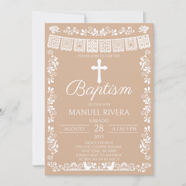 Beige Papel Picado Baptism Invitation (Front)
