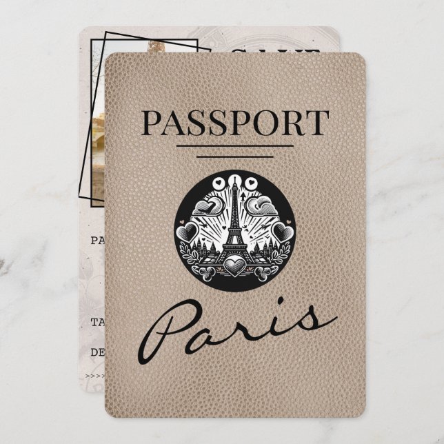 Beige Paris Passport Save The Date (Front/Back)