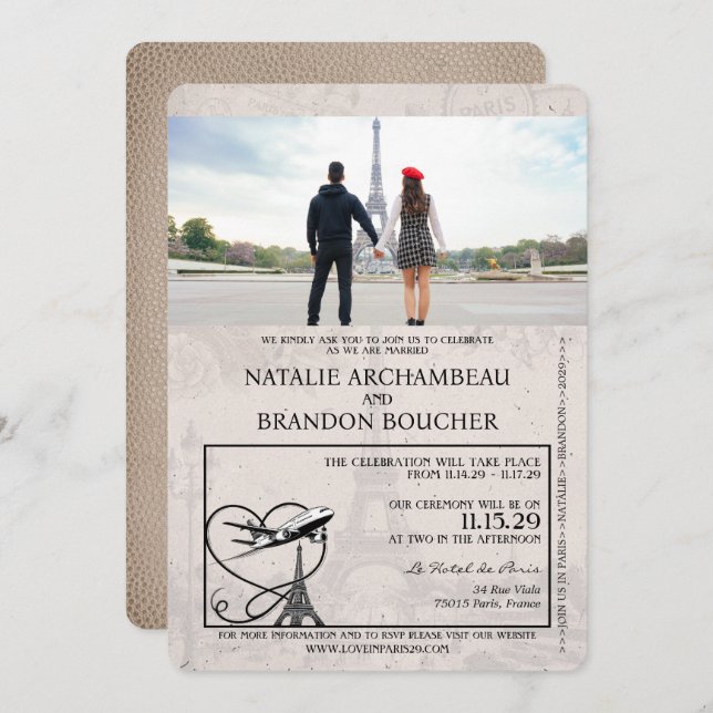 Beige Paris Passport Wedding Invitation (Front/Back)