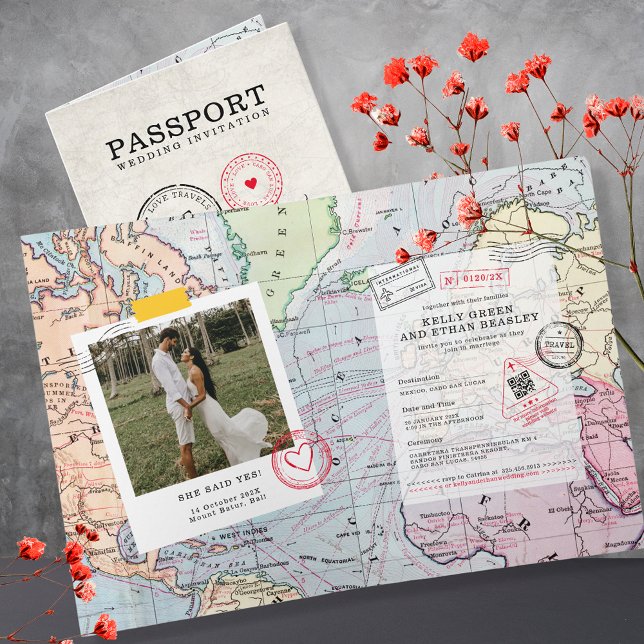 Beige Passport Destination Map Wedding Invitation (Creator Uploaded)