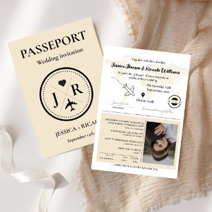 Beige passport Monogram Wedding invitation