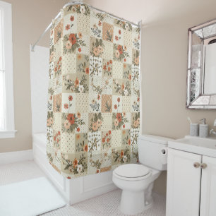 Beige Patchwork Quilt Rustic Floral Retro  Shower Curtain