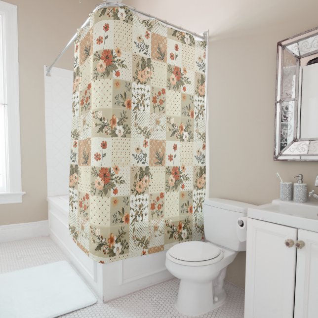 Beige Patchwork Quilt Rustic Floral Retro  Shower Curtain (In Situ)