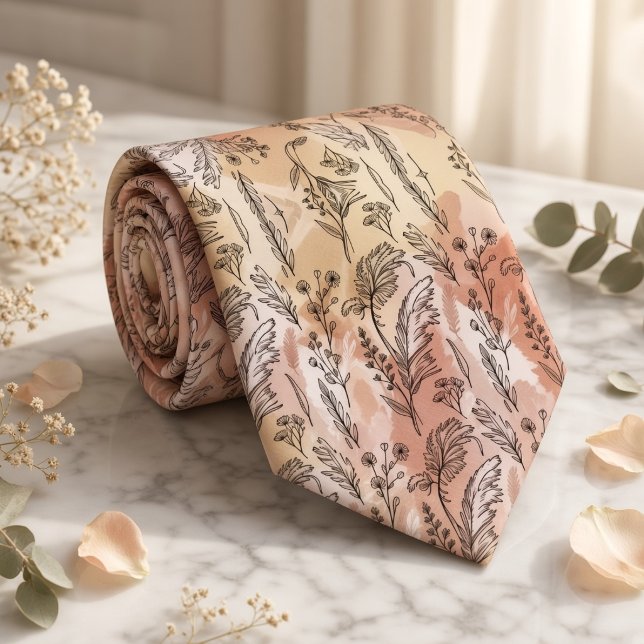 Beige Peach Botanical Sketch  Tie (Creator Uploaded)