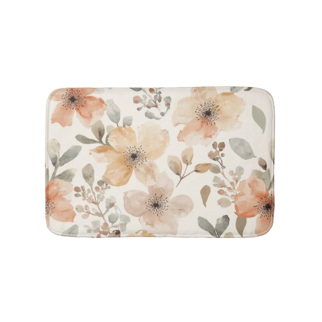 Beige Peach Floral Watercolor Botanical Pattern Bath Mat (Front)
