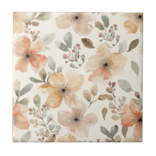 Beige Peach Floral Watercolor Botanical Pattern Ceramic Tile