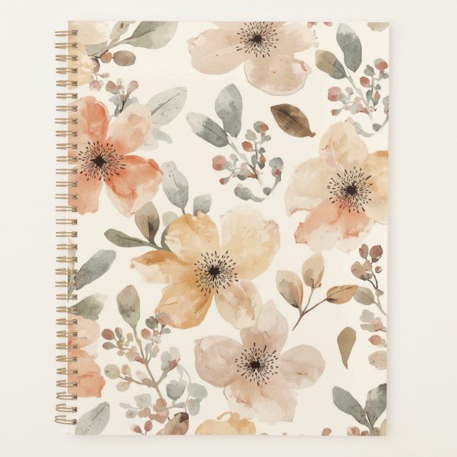 Beige Peach Floral Watercolor Botanical Pattern Planner (Front)