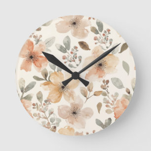 Beige Peach Floral Watercolor Botanical Pattern Round Clock