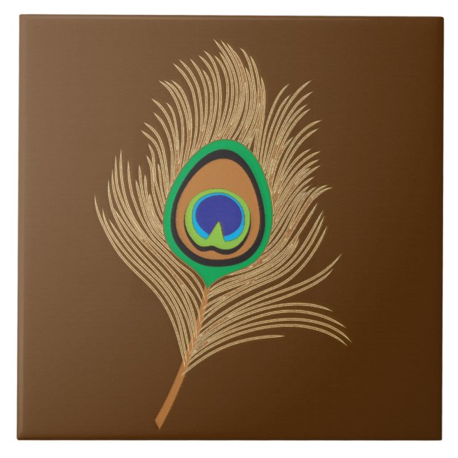 Beige Peacock Feather on Chocolate Brown Ceramic Tile (Front)