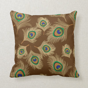 Beige Peacock Feathers on Chocolate Brown Cushion