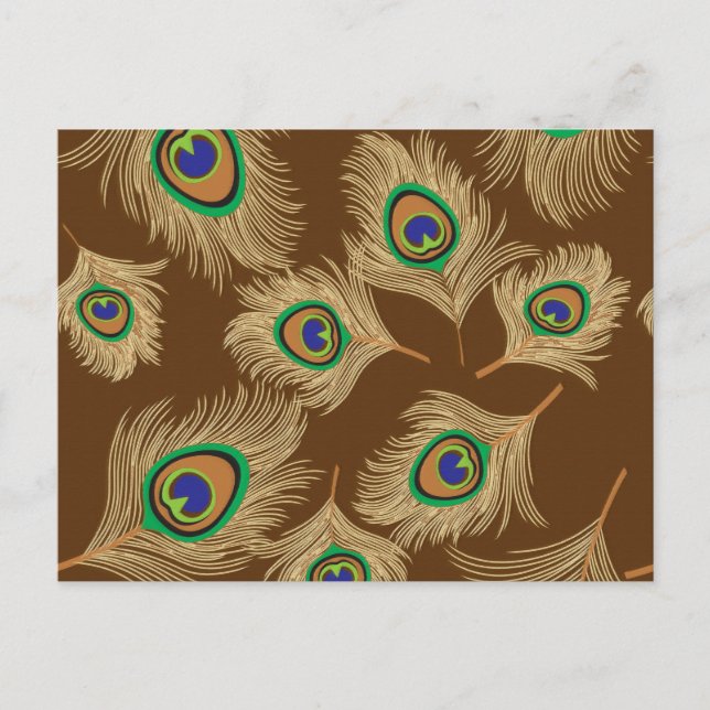 Beige Peacock Feathers on Chocolate Brown Postcard (Front)
