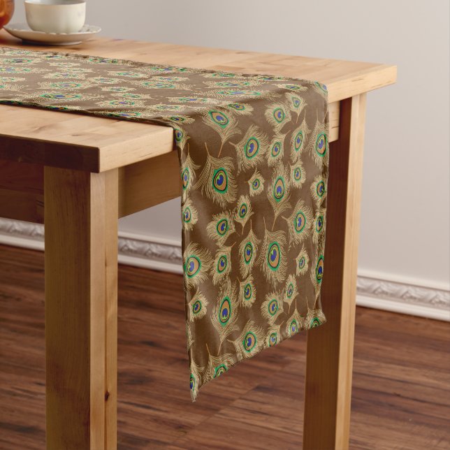 Beige Peacock Feathers on Chocolate Brown Short Table Runner (In Situ)